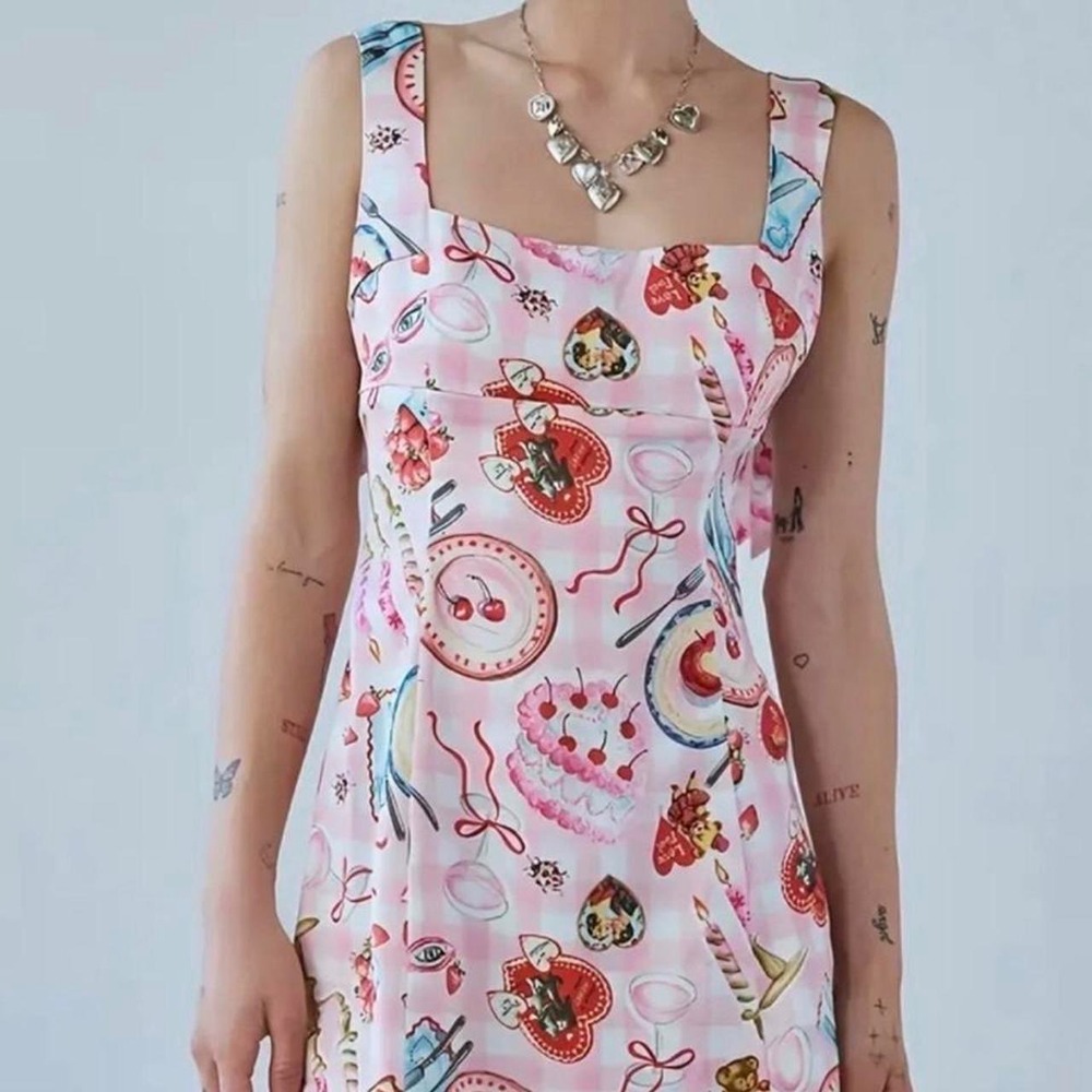 Urban Outfitters Pink Cake Print Tie Back Mini Cami Dress